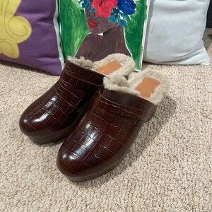 Andre Assous Brown Faux Croc Fur-Lined Slip-On Clogs